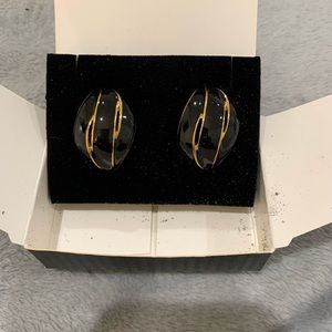 Vintage 90s Avon Black Enamel Sophisticated Stripe Gold Tone Clip Earrings